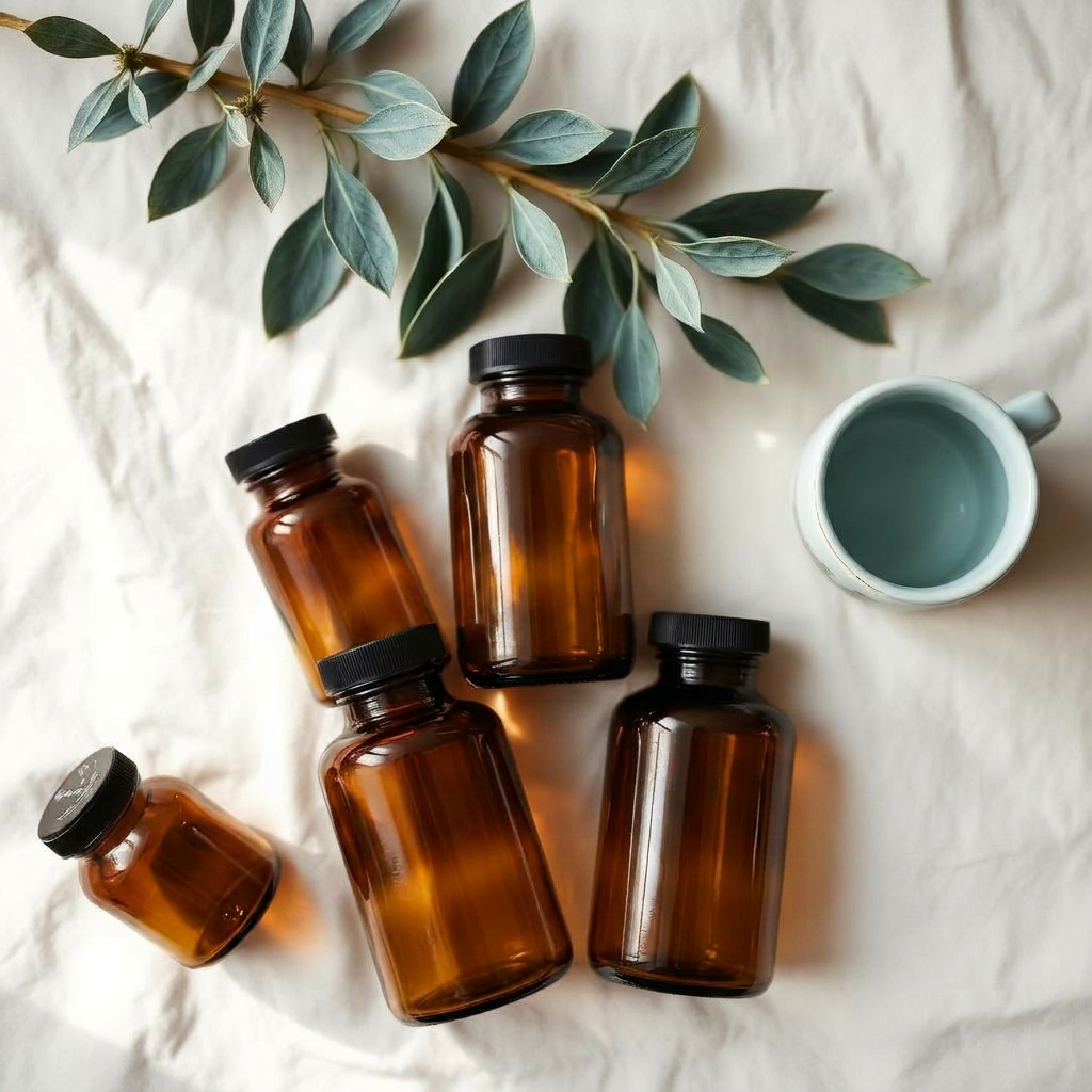 Premium amber supplement bottles with eucalyptus and tea