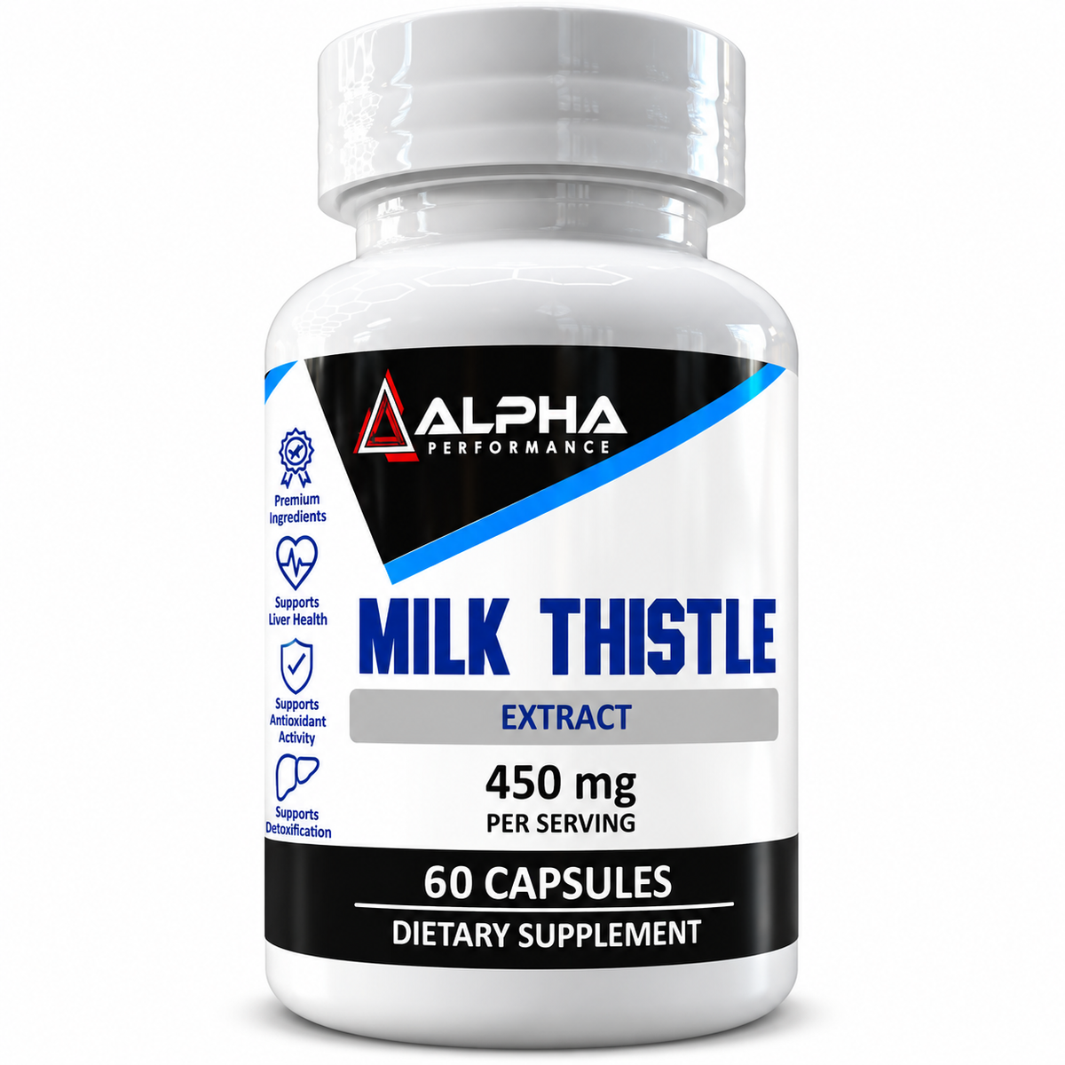 Alpha Performance Milk Thistle Extract 450mg supplement bottle front